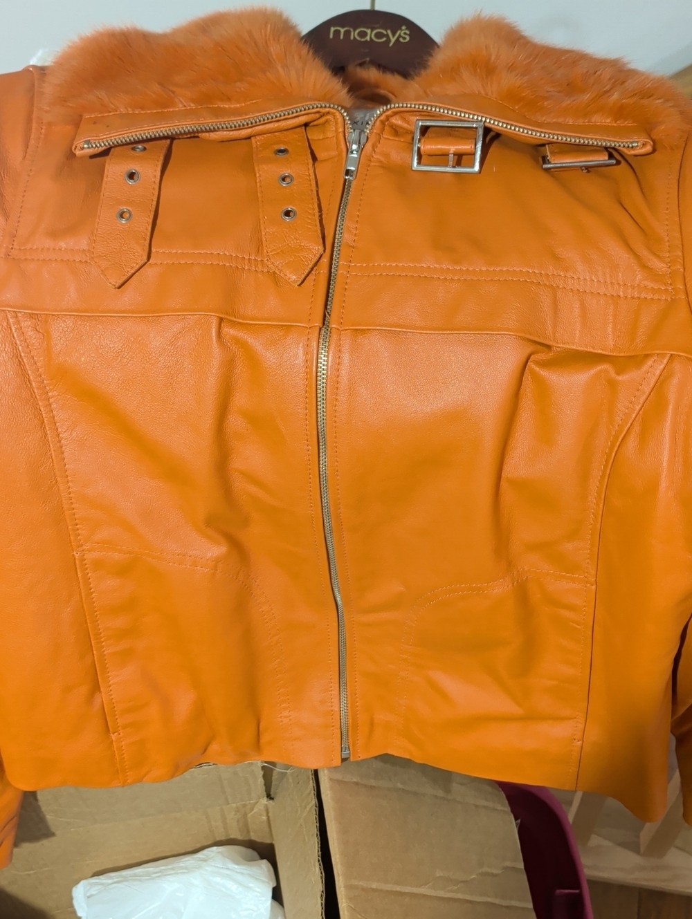 Wilsons Leather Orange Zip-Front Leather Jacket with Faux Fur Collar
